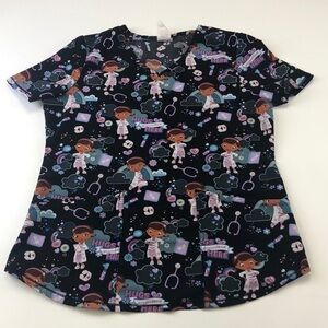 Disney cartoon girl short sleeve scrubs black and brights print Small